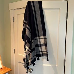 J Crew Oversized Plaid Tassel Scarf - Ivory Navy Blue - Wool Viscose Blend NWT